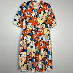 52seven Retro 50s Style Puff Sleeve Button Front Abstract Floral Print Dress